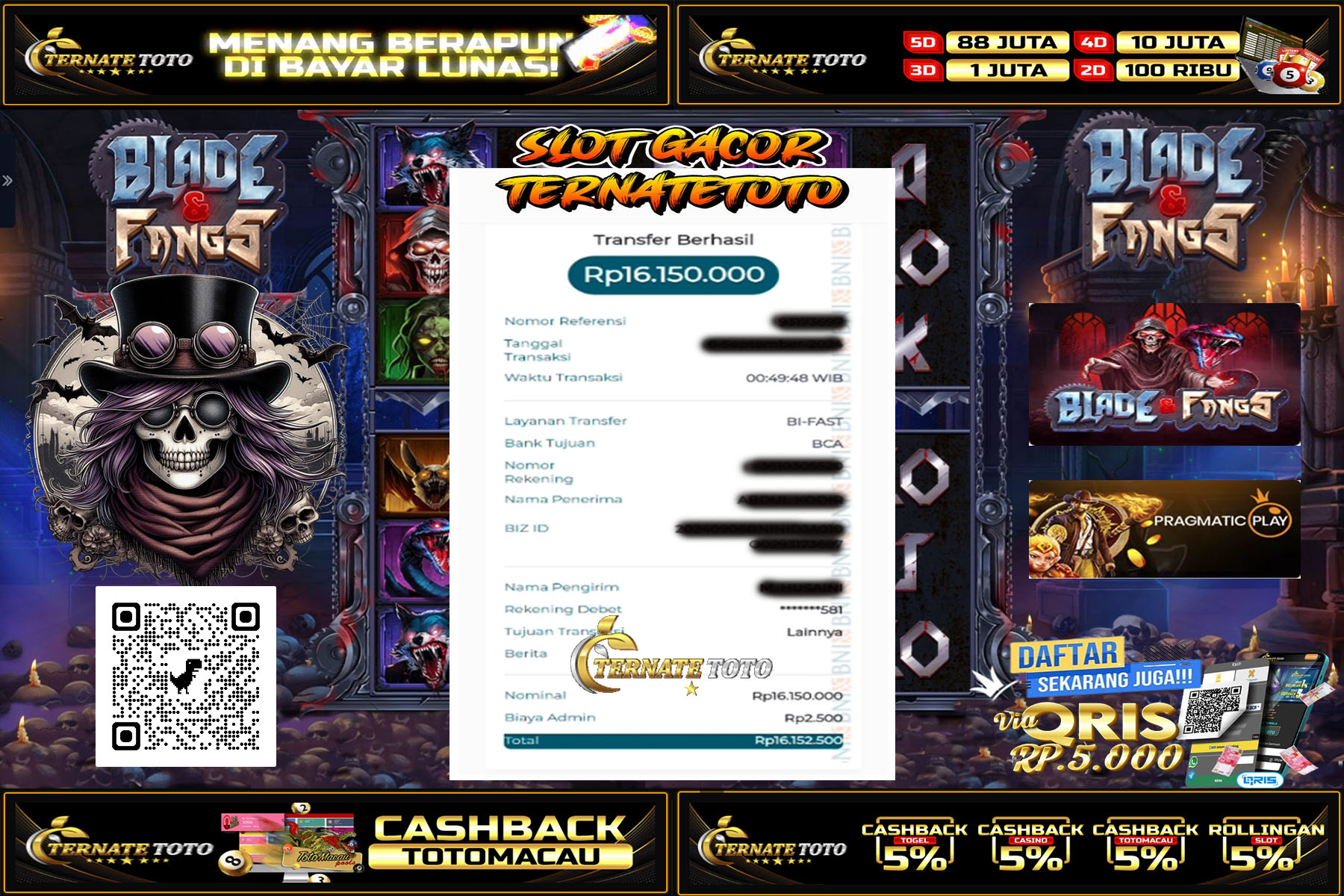 TERNATETOTO - JACKPOT SLOT BLADE FANGS Rp. 16,150,000,-